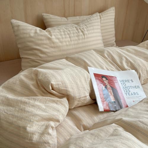 Image of mixinni Retro Striped Duvet Cover Set Twin XL Size - 100% Washed Cotton Beige Duvet Cover with Black White Stripes, Soft Breathable 3 Piece Comforter Cover with Zipper Closure & Corner Ties
