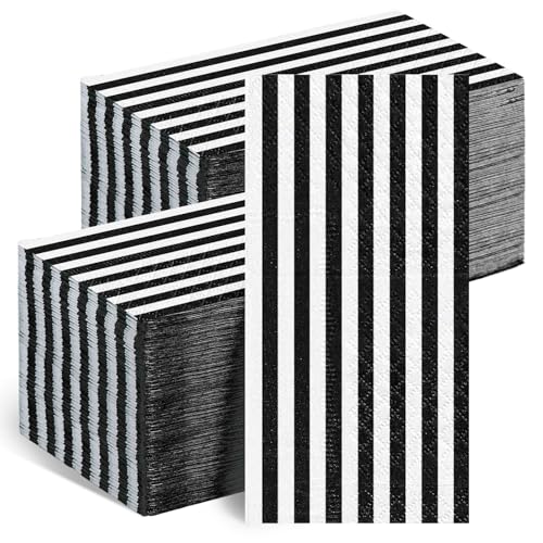 Geyoga 200 Pack Striped Guest Napkins 2 Ply Disposable Bathroom Paper Napkins Disposable Hand Towels Decorations for Birthday Wedding Baby Shower Party Supplies (Black and White)