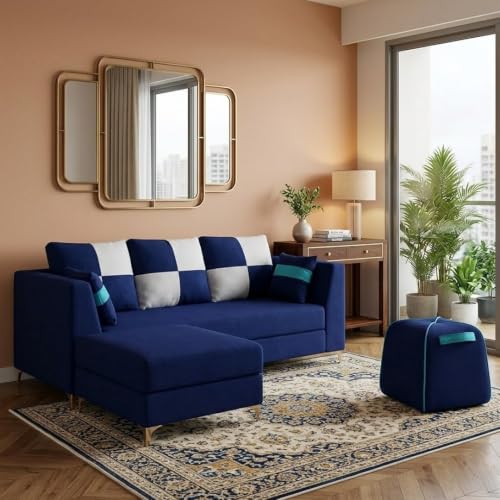 Image of FURNY Signature Cresta 5-Seater L-Shape Sofa Set with Movable Ottoman & Suri Pouf | Flexible LHS /RHS Layout | Boston Fabric | 40D Foam + Zigzag Spring | 3-Yr Warranty (Midnight Blue, Light Grey)