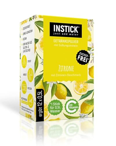 INSTICK | Boisson instantanée sans sucre au goût citron – 12 bâtonnets pour 0,5 l chacun