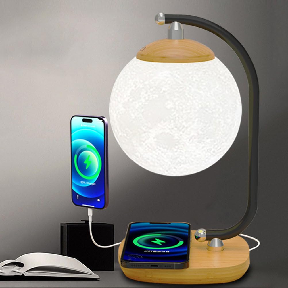 AoLa Lampa stołowa LED 3D Moon z funkcją ładowania Lampa nocna dotykowa do wnętrz 4 kolory Nowoczesna kula z bezprzewodową ładowarką i ładowaniem USB Lampa stołowa Dekoracja stołu Lampka nocna