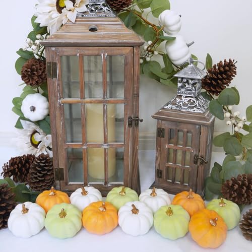 12 Stück Halloween-Simulationskürbis, Mini Weiß Grün Orange Kürbisse Zierkürbisse Herbstdeko, Künstliche Mini Kürbis, Dekokürbisse für Halloweendeko und Herbstdeko, Thanksgiving Tisch Dekorieren