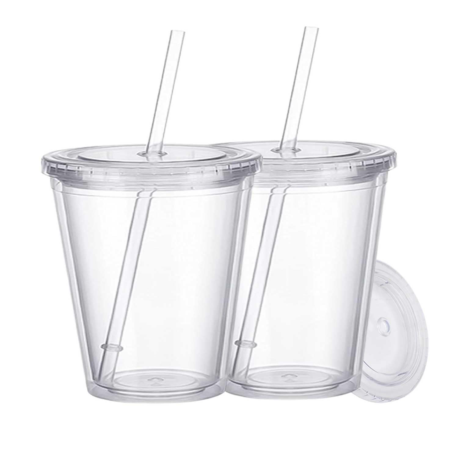 Sponsored Ad – 2 Pcs Plastic Cup Double Wall with Lids and Straws Reusable Transparent Water Tumbler for Smoothies Juice Iced Coffee Reusable (350ml)