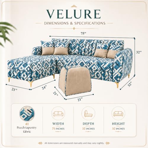 Image of CASASTYLE Signature Velour 4-Seater L-Shape Sofa Set with Movable Ottoman & Suri Pouf | Flexible LHS /RHS Layout | Tapestry Fabric | 40D Foam + Zigzag Spring | 3-Yr Warranty (Lagoon Mosaic Blue)