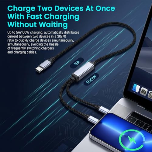 Image of Verilux 2 in 1 Type C to Dual C Cable 1.2M, PD 100W C Type Charger Cable with 480Mbps Data Transfer, Nylon Braided USB C for iPhone 17 /16 /15, Galaxy S26 /S25 /S24 /S23, Laptops, iPad, Switch, Blue-gray