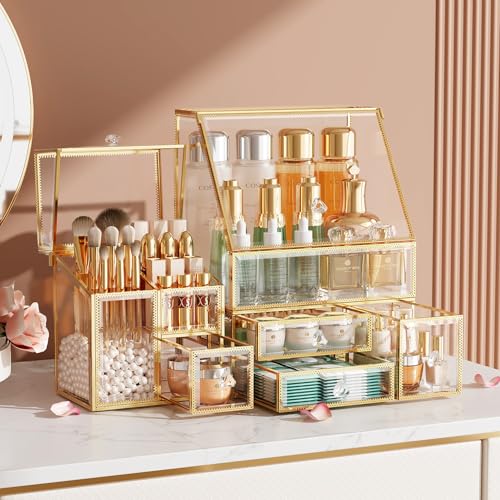 Clear Makeup Organizer with Gold Frame – Countertop Vanity Organi...
