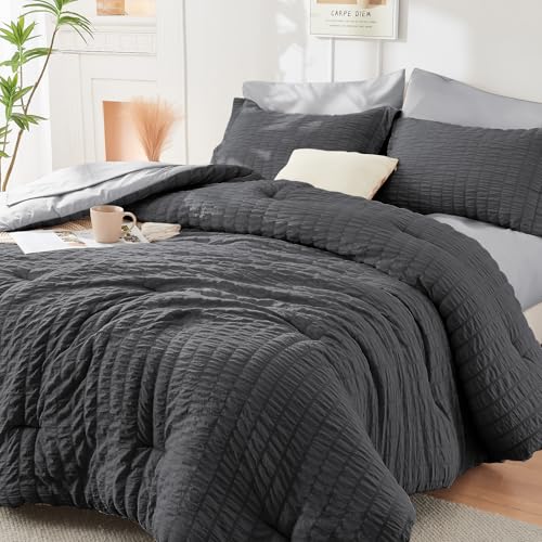 Image of HYMOKEGE Dark Grey /Light Grey Queen Comforter Set Seersucker 7 Pieces, All Season Luxury Bed in a Bag Queen for Bedroom, Bedding Set with Comforter, Sheets, Pillowcases & Shams