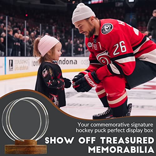 Image of JupDec Hockey Puck Display Case Acrylic Clear Holder with Wood Base, Autograph Souvenir Display Stand, Perfect Showcase for Your Collection, Brown, 2 Pack