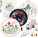 YINVA Anfänger Stickerei Set Stickerei Set, Blumenmuster Pflanzen Kreuzstich-Kit Starter Tools Kit mit 3 Stück Kunststoff-Stickrahmen, Farbfäden und Werkzeuge, für DIY Kunst, Handwerk, Nähen (Blau)