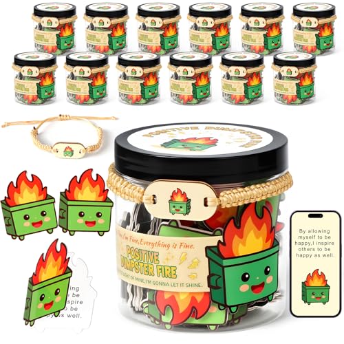 12 Pack Dumpster Fire Cards Jar with NFC Bracelet - 60 Positive Affirmation Cards,Relaxation Gifts,Dumpster Fire Desk Accessories,Emotional Support Gift for Women,Teens,Friends and Coworkers