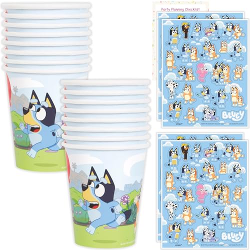 Unique Bluey Cups with Stickers | 16 Paper Cups 4 Sticker Sheets Checklist | Bluey Birthday Decorations | Party Supplies for Boys and Girls | Officially Licensed