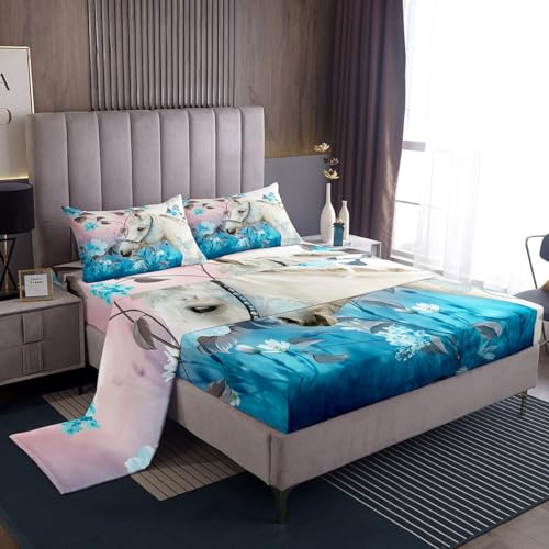 Image of White Horse Animal Bed Sheet Set 4 Piece,Fantasy Butterfly Wildlife Sheets Full Size Bed Set,Blue Flowers Rustic Bedding Set with Flat,Fitted Sheet,2 Pillow Cases