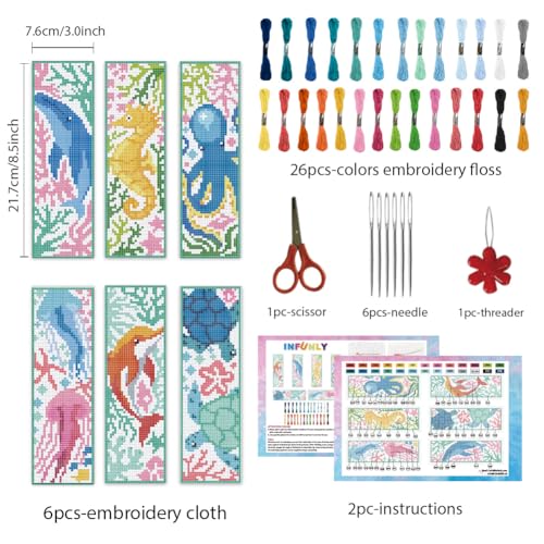 Image of INFUNLY 6 Set Sea Animals Cross Stitch Bookmark Kit for Beginners Whale DIY Cross Stitch Kits Pre-Printed Jellyfish Summer Stamped Embroidery Bookmark Kit with Instruction for Book Lovers Reader Gift