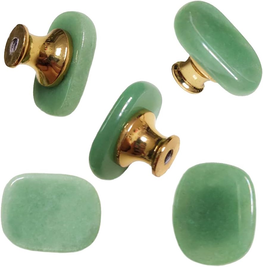 5Pcs Natural Green Aventurine knob Crystal Drawer Pulls Green Jade Cabinet Handle Brass Base Cupboard Knobs for Home Kitchen Furniture DIY with Screws