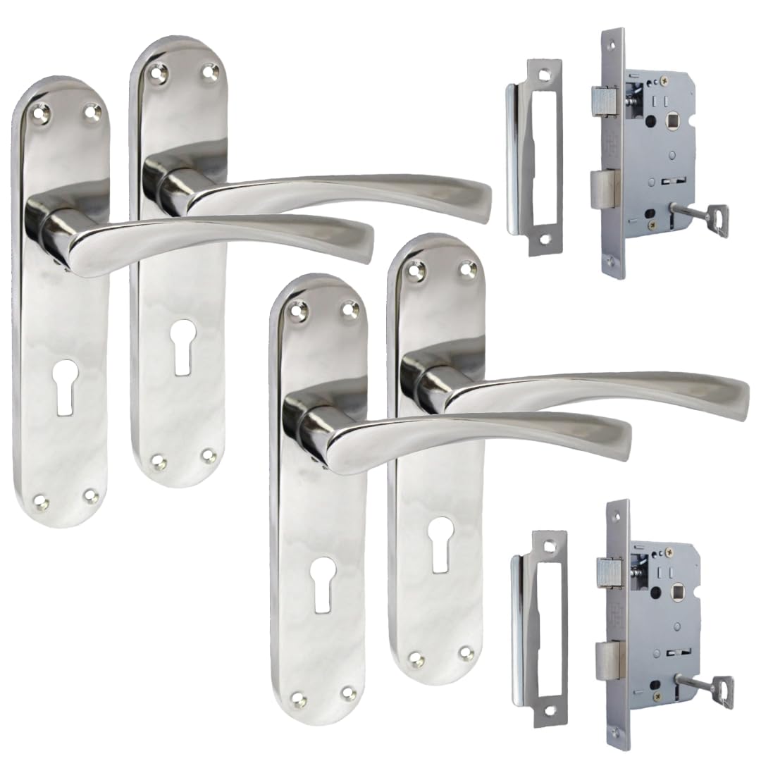 Epsom Door Handle Polished Chrome Twist Handle Set – Long Backplate Design – Supplied with 3-Way Mortice Sash Mechanism – 2 Pairs