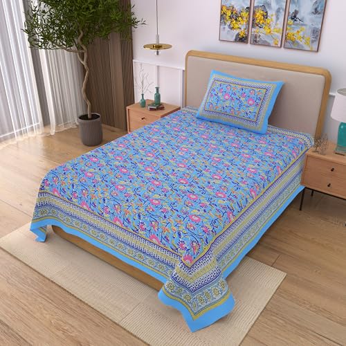 Image of 100% Cotton Single Bedsheet with 1 Pillow Cover | 240 TC Pure Cotton Flat Bed Sheet | Traditional Jaipuri Printed Bedding Set | Soft & Breathable | 60 x 90 Inch (Rangmahal Single 07)