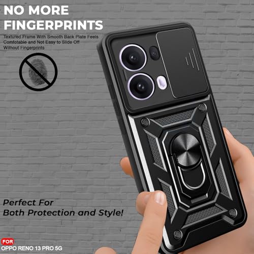 Image of AESTMO Tough Armor Oppo Reno 13 Pro 5G Bumper Back Case Cover | Ring Holder & Sliding Camera Shield Cover | 360 Degree Protection Back Case Cover for Oppo Reno 13 Pro 5G (Black)