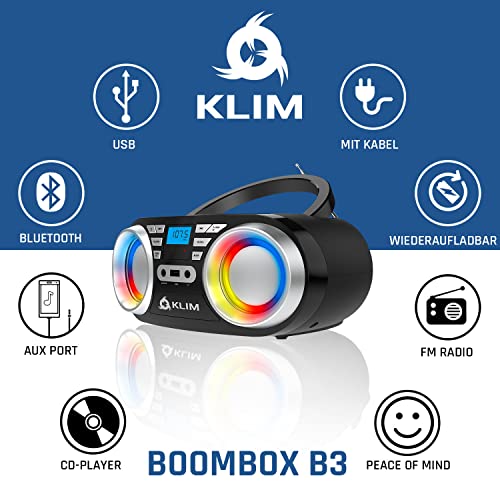 KLIM B3 Tragbarer CD Player - NEU 2023 - FM Radio, CD, MP3, Bluetooth, AUX, USB, RGB LED - CD Boombox - Kabel… - Image 5