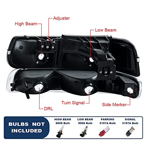G-Plus Headlights Assembly, Compatible With 1999-2002 Chevy Silverado/ 2000-2006 Suburban Tahoe Bumper Headlamp, Clear Lens Chrome Housing Clear Reflector #TOP2