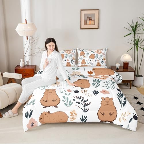 Image of Feelyou Capybara Bedding Set Queen Size, Cute Capybara Comforter Set for Kids, Toddler, 3 Pieces, Multicolor, Microfiber, Modern Animal Theme