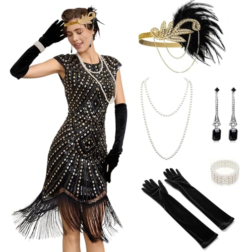 Fashinex 1920s Flapper Dress for Women, Roaring 20s Great Gatsby Costume Fringed Sequin Vintage Lace Cocktail Dress with Accessories Set