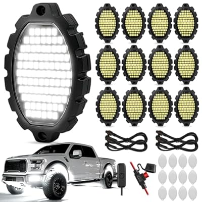 12 Pods Metal 1116 LEDs Pure White Rock Lights with Switch Wiring Harness,Super Bright Underglow Light Waterproof Aluminum Led Lights for Trucks Jeep OffRoad ATV UTV SUV,Plug and Play, Easy to Install