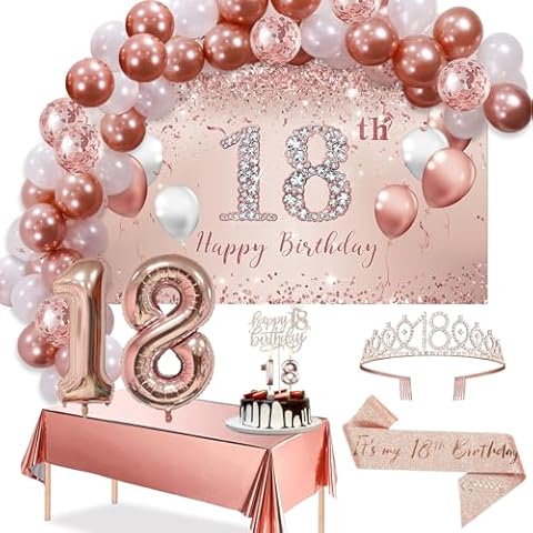 Trgowaul 18th Birthday Decorative Balloon Set Women's Arch, Rose Gold 18th Birthday Banner and Party Tablecloth, Belt and Tiara, Pink Gold 18th Balloon, Pink Birthday Cake Top, Latex Balloon * 60 Cover