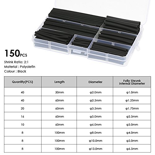 KKmoon 150pcs Tubo Encolhível Preto Poliolefina Sem Halogênio Tubo Termo Encolhível Equipamento Elét
