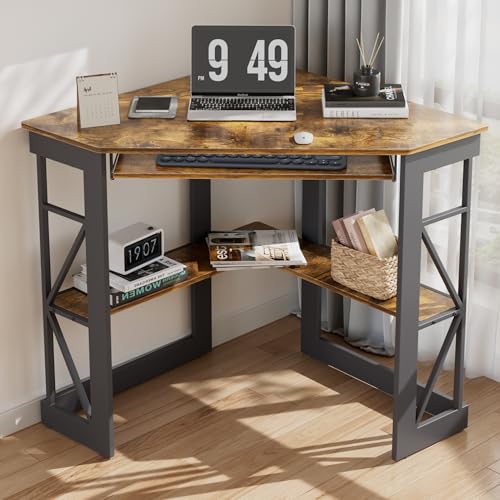 VECELO Corner Desk Computer Desk Writing Table with Smooth Keyboard Tray & Storage Shelves,Compact Home Office Triangle Table,Antique Brown VECELO Corner Desk Computer Desk Writing Table with Smooth Keyboard Tray & Storage Shelves,Compact Home Office Triangle Table,Antique Brown