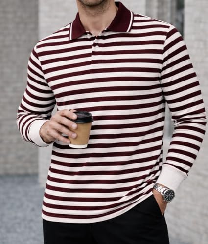 Image of Mack Jonney Men's Premium Striped Polo T-Shirt | Long Sleeve Cotton Blend | Casual & Smart Wear-M6721