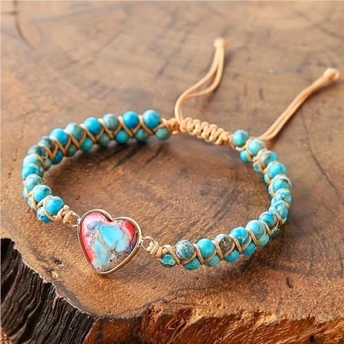 Image of Women Boho Wrap Bracelet,Handmade Natural Stone Crystal Emperor Beads Heart Bracelet, Fashion Bohemian Jewelry Gift for Women