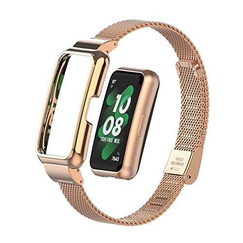 T-BLUER Compatible for Huawei Band 8 Strap,Stainless Steel Metal Replacement Band Bracelet Wristband Accessories with Metal Frame for Huawei Band 7/8/9 Rose Gold