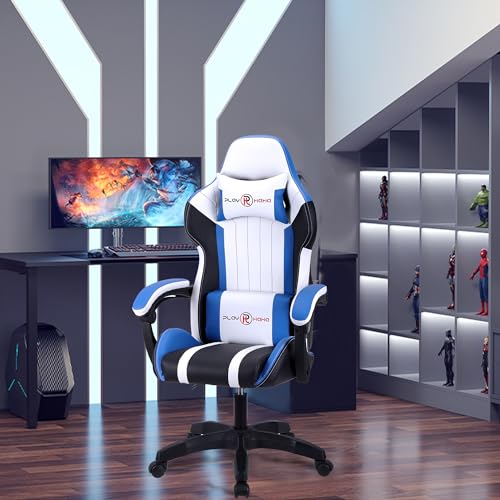 T-THREE.Ergonomic Leather Gaming Chair Height Adjustable with Headrest and Lumbar Support(Blue) - Image 3