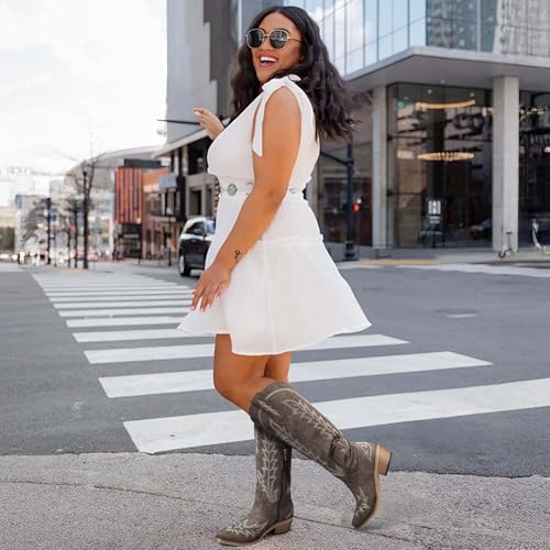Image of Rivalran Cowboy Boots for Women - Knee High Pointed Toe Chunky Heel Pull On Zipper Western Cowgirl Boots, Retro Country Vintage Fashion Tall Boots