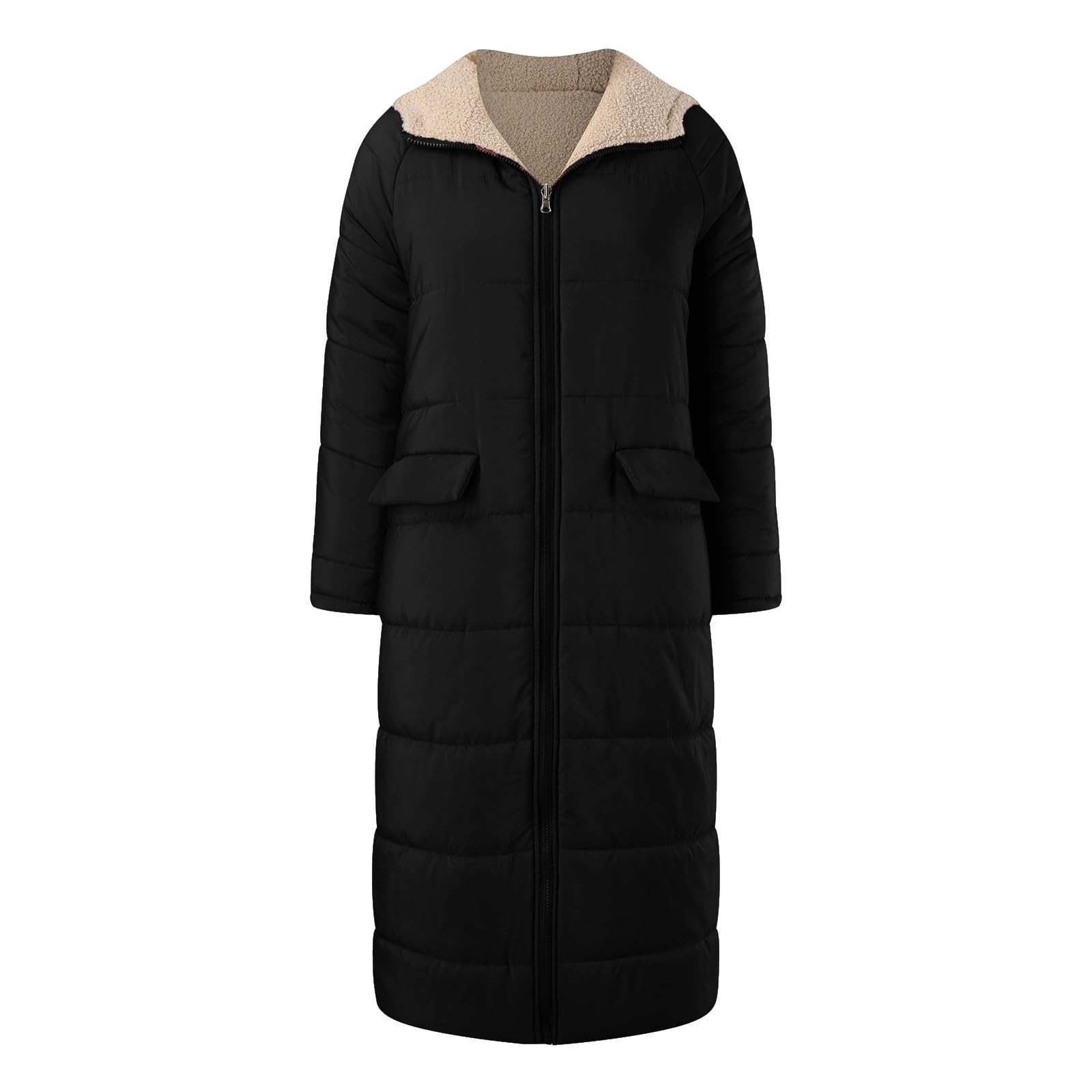 Genérico Abrigo Largo Reversible de Invierno para Mujer Chaqueta Informal con Cremallera y Bolsillos Capucha Forro Polar