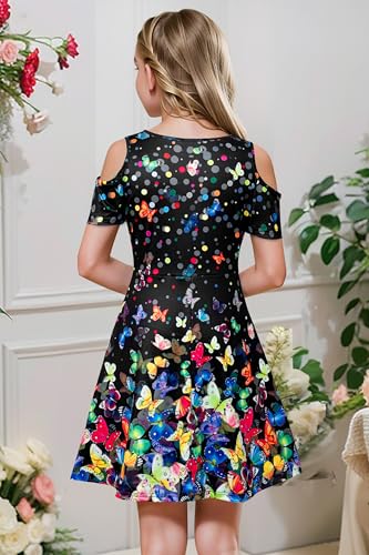 Girl's Dresses Summer Cold Shoulder Butterfly Printed Party A Line Swing Casual Dress 9-14 Years3