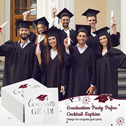 100 Pcs Graduation Party Napkins Beverage Cocktail Napkins Foil Graduation Disposable Paper Napkins 2023 Hand Towels For Graduation Party Celebration Decorations (White Silver Maroon) #TOP3