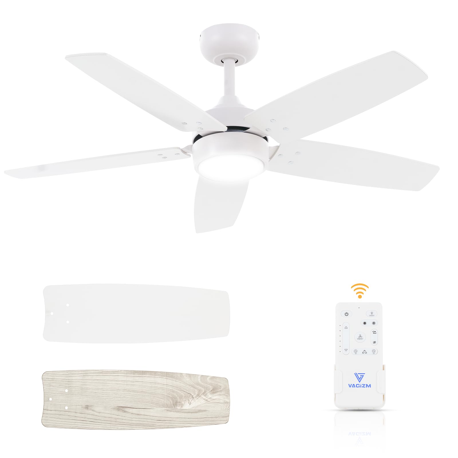 Vagizm Ceiling Fan 42'' for Bedroom: Matte White Modern Fans with Light Remote Control - Reversible Quiet DC Motor Dimmable with 6 Speeds for Home