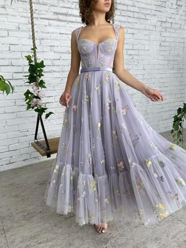 Flower Embroidery Prom Dresses Long Tulle Corset Spaghetti Straps A Line Fairy Ruched Formal Evening for Women2