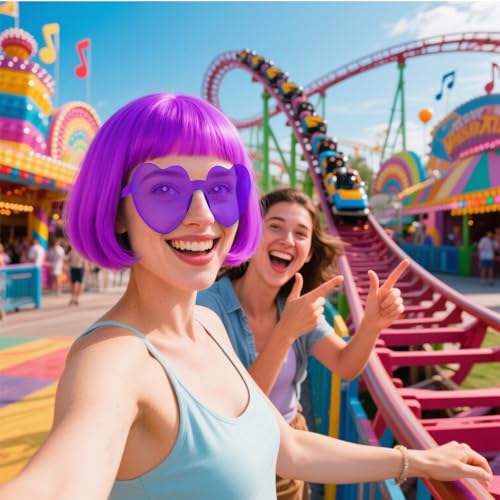 Image of PLULON Purple Bob Wig and Sunglass Set, Neon Funny Short Bob Wig Sunglass Pack Colorful Hairpieces Fancy Dress Cosplay Costume Accessories for Women Bachelorette Party Favors, Halloween Decorations
