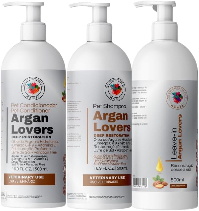 MANZZ Argan Lovers Complete Grooming Set for Dogs & Cats – Shampoo, Conditioner & Leave-in Treatment – Hydrating & Detangling System – 500ml Each