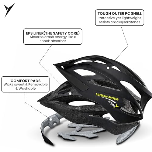 Image of Jaspo Urban Rider Plus Cycling Helmet with Adjustable Spin Dial (Upto 5cm) | Quick-Release Buckle for Effortless Wearing | Padded Chin Strap | Ideal for Men, Women & Kids (Black, Small (53-58cm))
