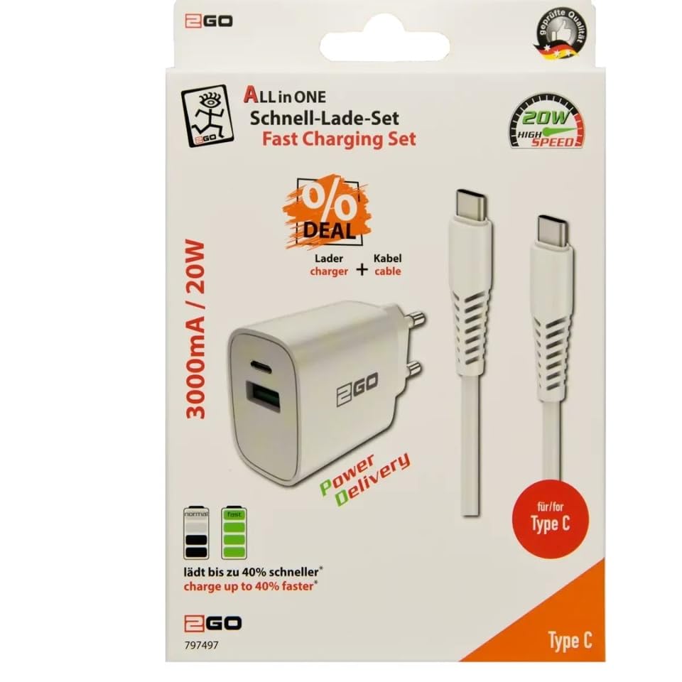 Chargeur 20W 2 ports 2GO avec câble USB-C inclus pour smartphone