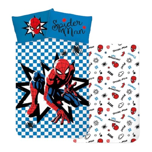 BrandMac Parure de lit Spiderman taille lit bébé | Housse de couette 100x135 cm + Taie d'oreiller 40x60 cm, 100% Coton | Parure de lit bébé Spiderman Marvel Super...