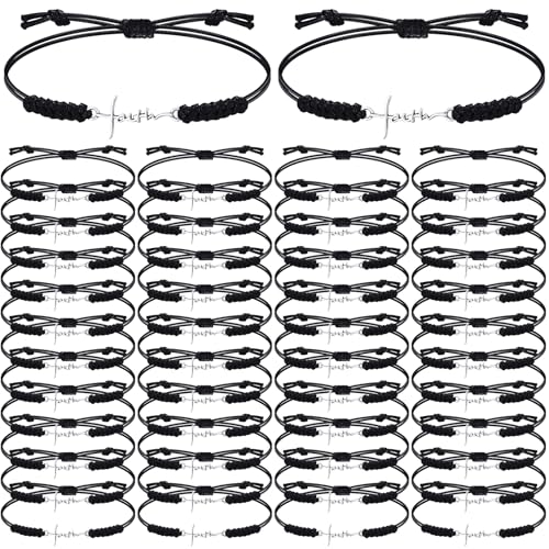 Rtteri 80 Pcs Faith Cross Bracelets Bulk Inspirational Birthday Jewelry Gifts Stainless Steel Hope Charm Adjustable Faith Bracelet Religious Accessories for Women Christian Gifts