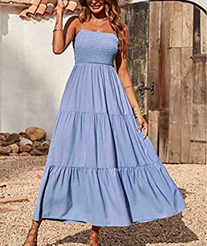 Image of Sexyshine Women's Square Neck Halter Lace Up Criss Cross Maxi Dress Tie Back Sleeveless Smocked Ruched A Line Dress