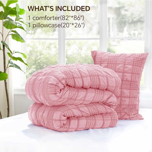 Image of BEDELITE Twin /Twin XL Comforter Set, Seersucker Bedding Set 2 Pieces, Pink | All Season Use, Machine Washable, Soft and Lightweight, Ruched Comforter for Bedroom and Dorm Room, Wrinkle-Resistant
