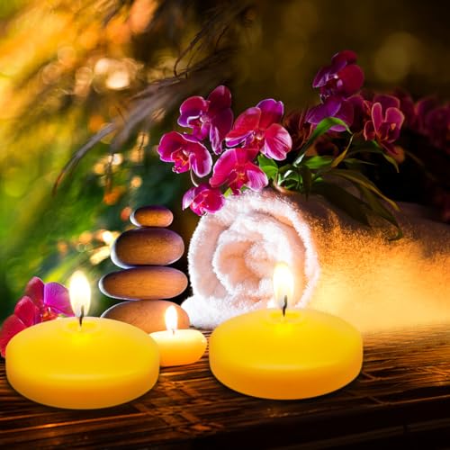24 Packs 2 Inch Yellow Colored Citronella Floating Candles for Outdoor, Small Lemongrass Scented Pool Water Wax Candles for Summer Wedding, Party, Holiday - 6 Hour Burning