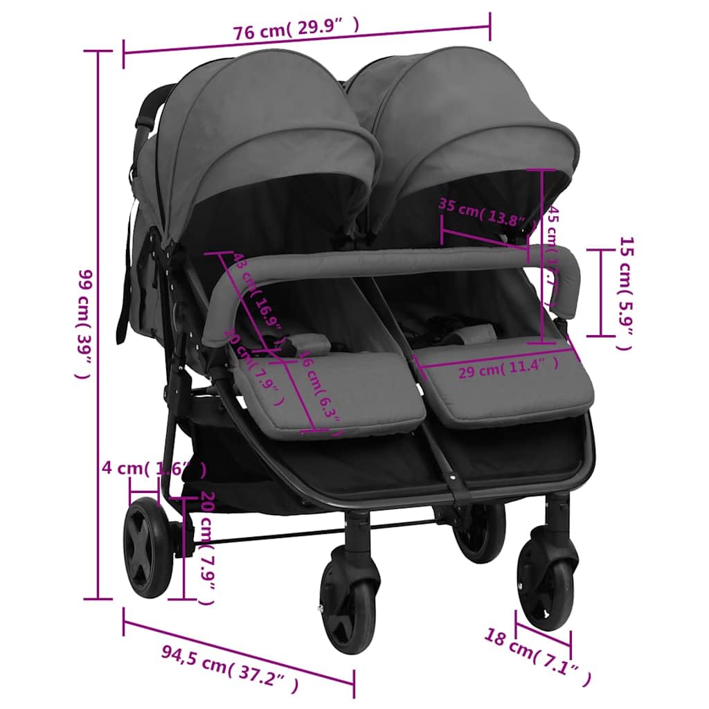 vidaXL Passeggino Gemellare Grigio Scuro e Nero in Acciaio