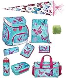 Schultaschen-Set 10-teilig! Der ca. 1.000 Gramm leichte, ergonomische Mädchen-Schulranzen Scooli Campus Fit von Undercover in den Farben Türkis, Pink und Weiß hat eine stabile Rahmenkonstruktion und einen stoßfesten Kunststoffboden. Design: Butterfly - Schmetterling-e, Blumen Florales Muster. Maße (L/H/B): 36x37x23 cm. Durch sein geringes Eigen-Gewicht und nach den neuesten medizinischen Erkenntnissen entwickelten ergonomischen Eigenschaften ist er geeignet ab der erste-n Klasse der Grundschule.